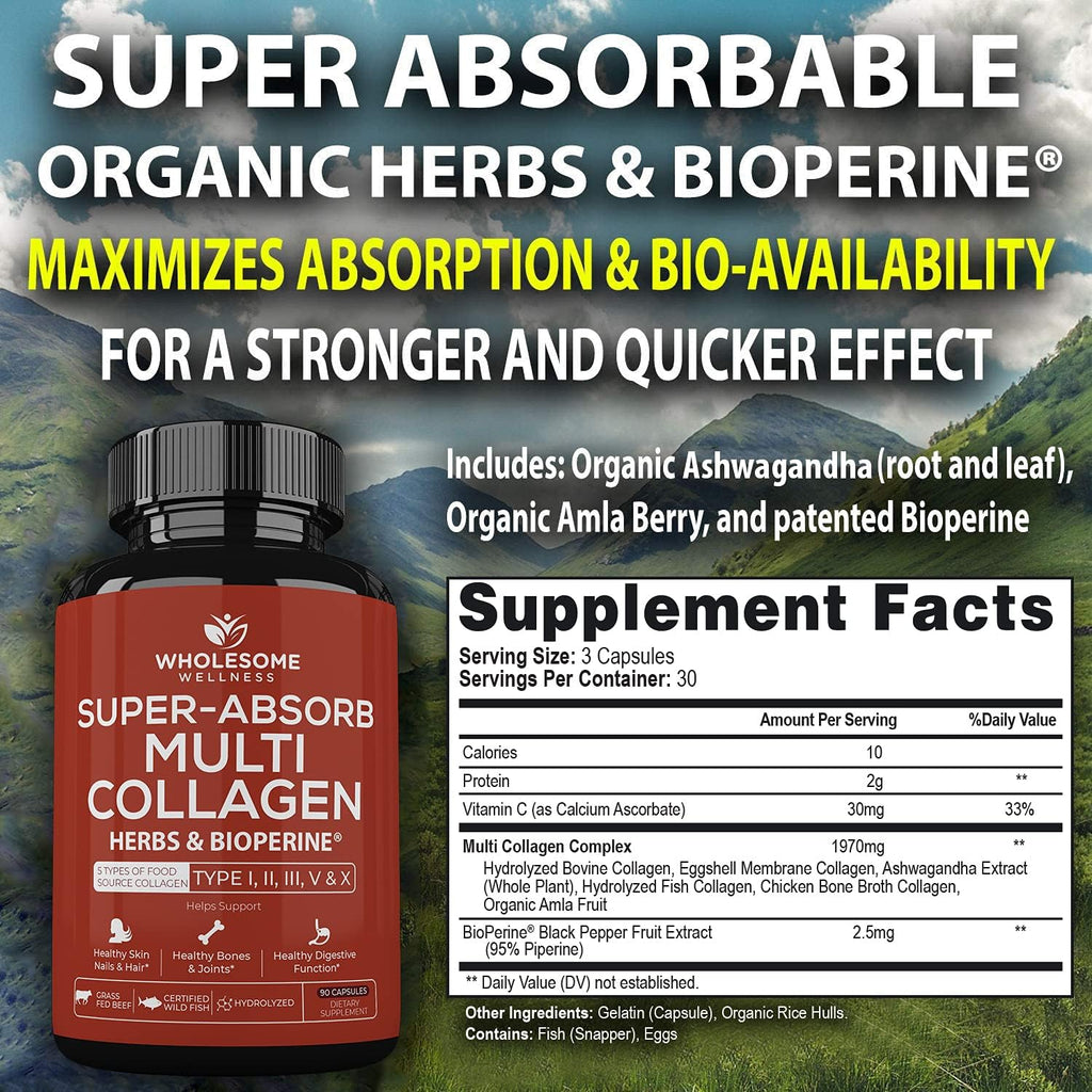 Wholesome Wellness Digestive Enzymes 1000MG Plus Prebiotics & Probiotics Supplement + Super-Absorb Multi Collagen Pills (Type I II III V X) Organic Herbs and Bioperine Bundle