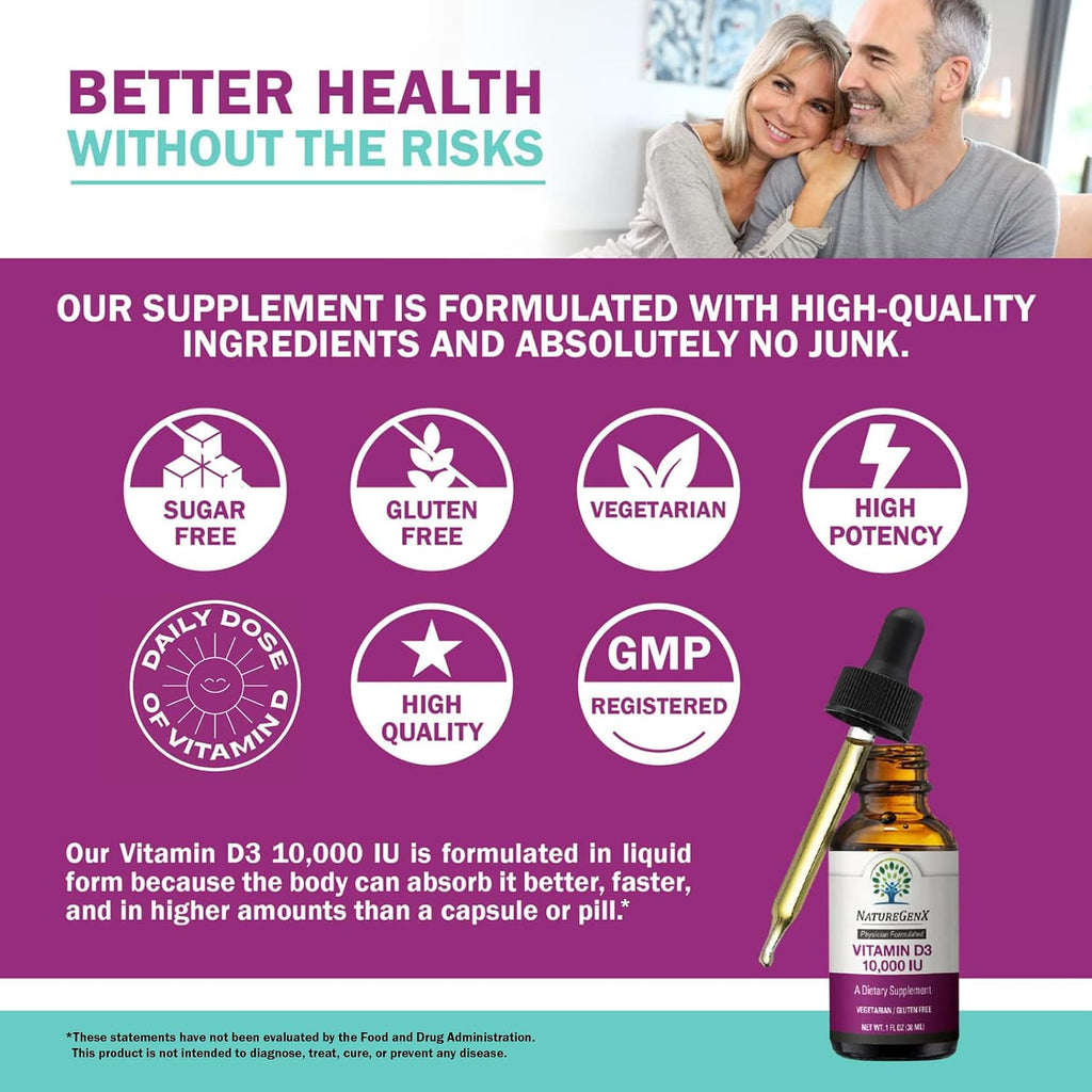 NatureGenX Vitamin D3 Liquid Drops – Immune Support & Bone Strength for Adults – Vegan, Non-GMO, Gluten-Free – 30ml (1-Month Supply)
