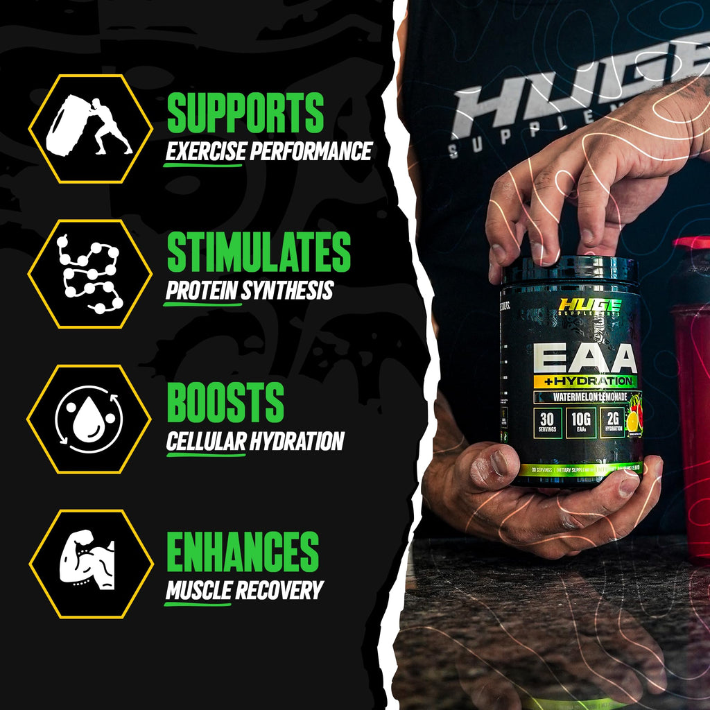 Huge EAA + Hydration, Essential Amino Acids Powder, EAAs & BCAAs, Intra & Post Workout Recovery Powder, Muscle Growth, Recovery & Performance, 10g EAAs & Electrolytes, Kiwi Blueberry, 30 Servings