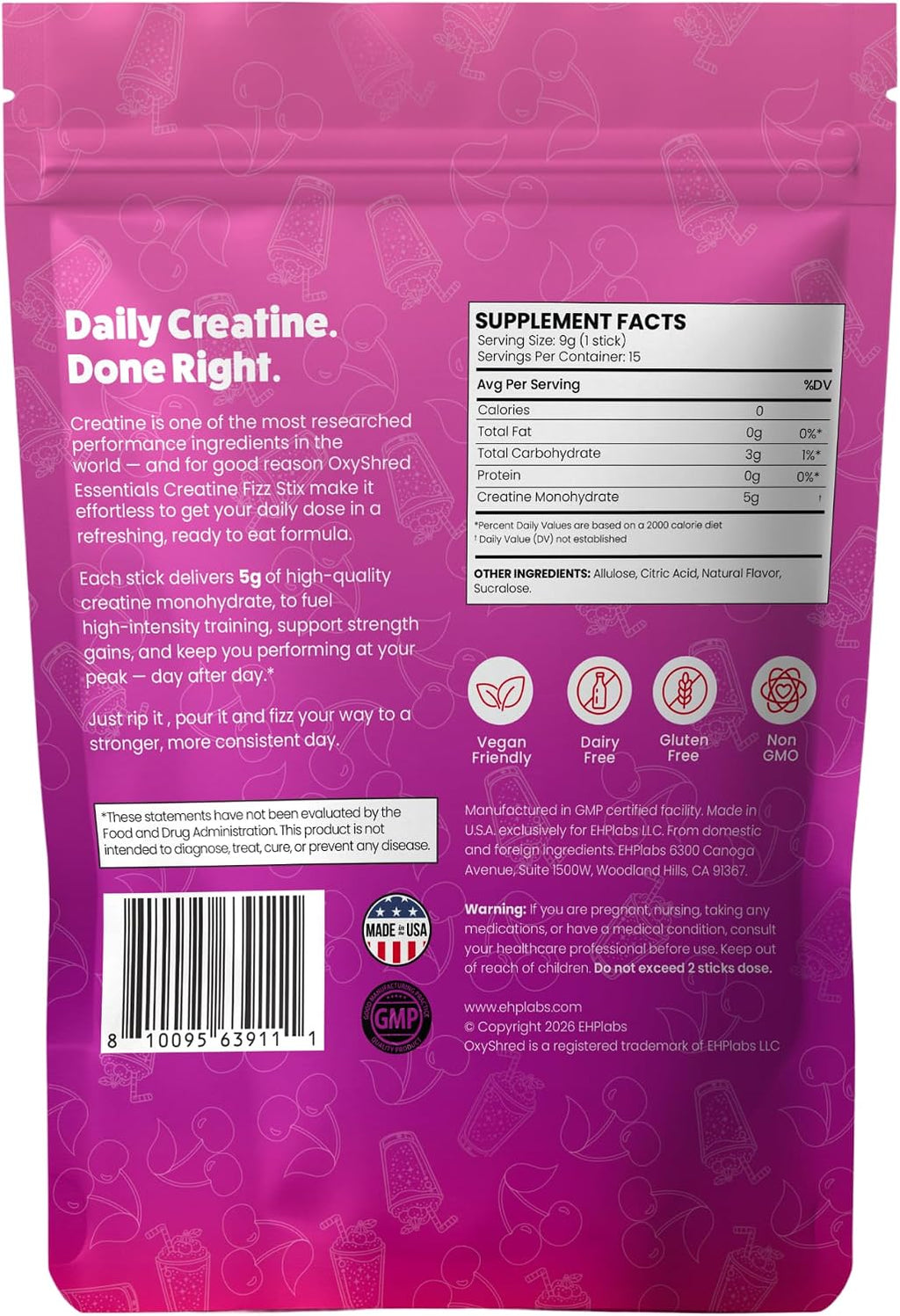 EHP Labs OxyShred Creatine Monohydrate Fizz Sticks, Cherry Slushie, 15 Pack | 5g Micronized Creatine Per Stick. No Water Needed, Zero Sugar, Vegan & Gluten Free. Single Serve On The Go.