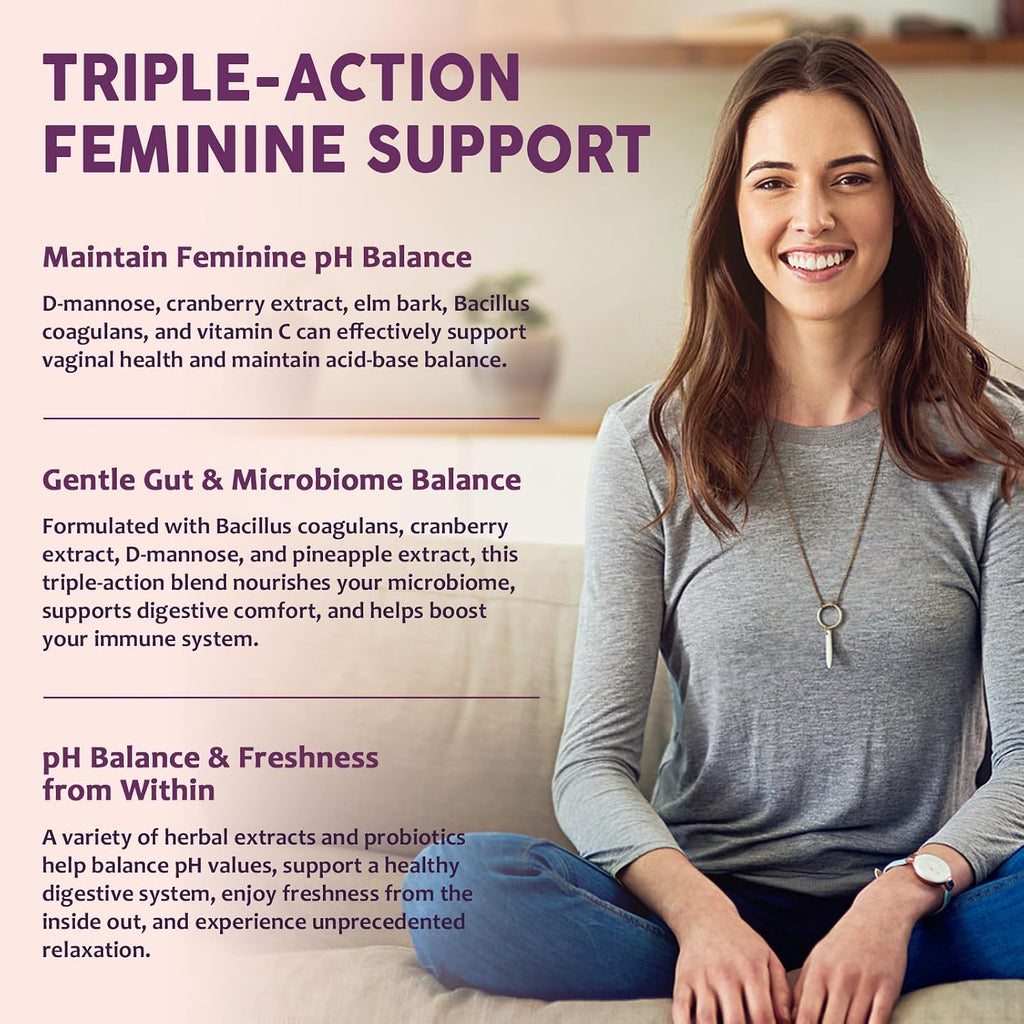 Feminine Balance Probiotic Gummies for Women – Support Vaginal Health, pH Balance, Freshness & Digestive Health – with Pineapple, Slippery Elm, Cranberry, D-Mannose – Sugar-Free, Pineapple Flavor