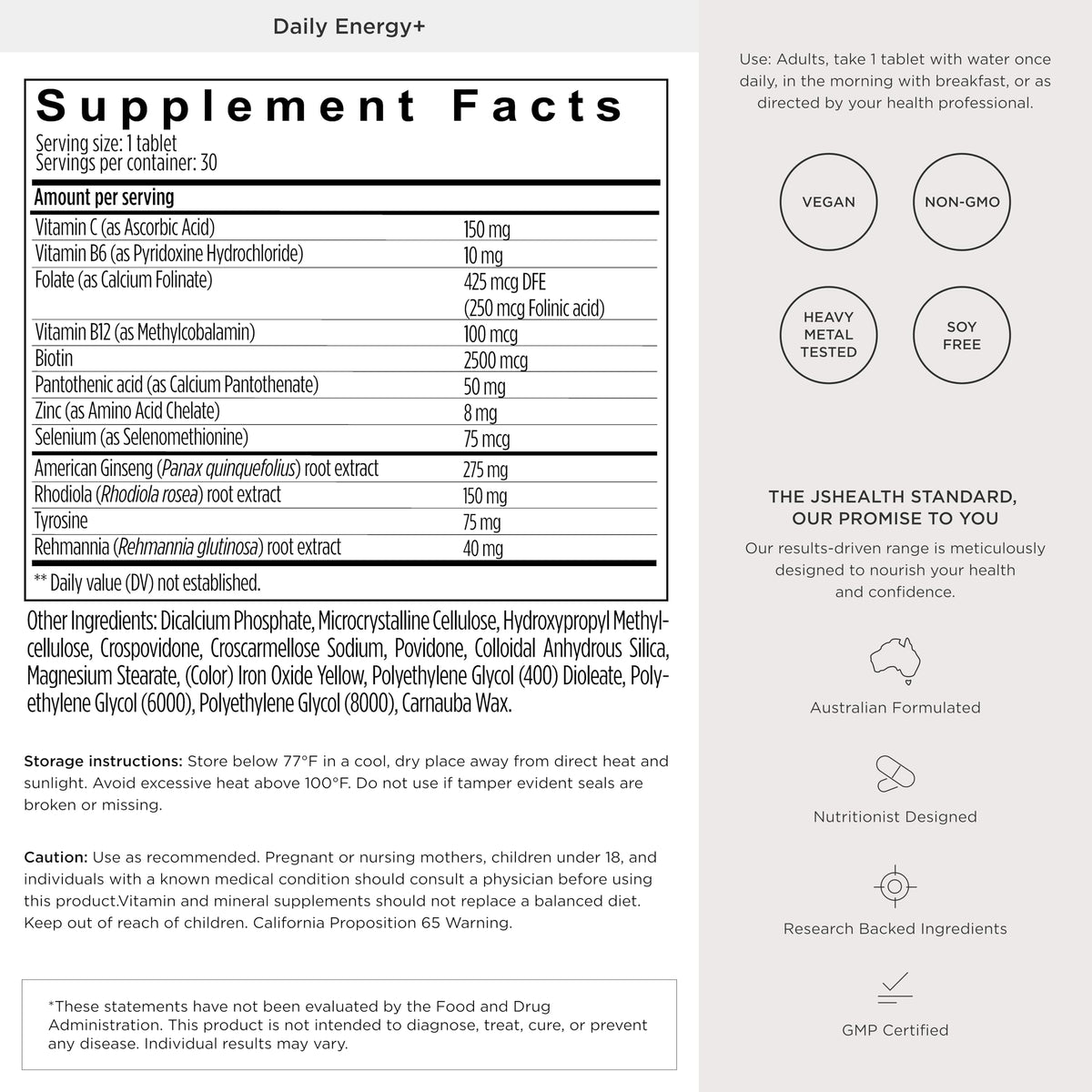 JSHealth Daily Energy Supplement for Women, Vegan, 60 Tablets | Once Daily Energy Vitamins with American Ginseng, Rhodiola, B Vitamins, Vitamin C, Zinc. Supports Stamina and Stress.