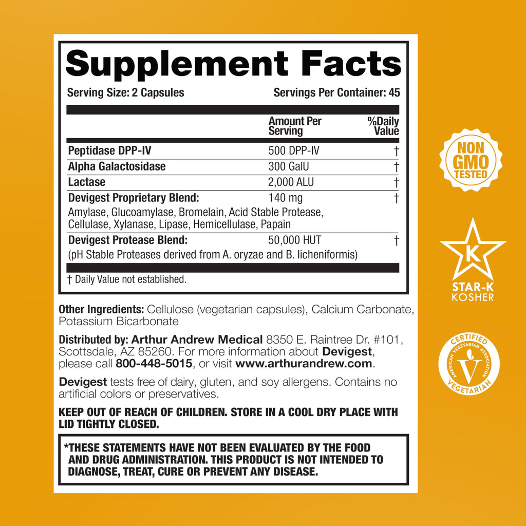 Arthur Andrew Medical - Devigest ADS, Advanced Digestive Support, Relief for Lactose Intolerance and Casein Sensitivities, Vegan, Non-GMO, 180 Capsules | Advanced Digestive Support, Relief For Lactose, Gluten, & Dairy Intolerance, & Casein Sensitivities,