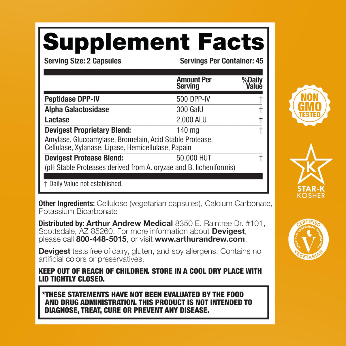 Arthur Andrew Medical - Devigest ADS, Advanced Digestive Support, Relief for Lactose Intolerance and Casein Sensitivities, Vegan, Non-GMO, 180 Capsules | Advanced Digestive Support, Relief For Lactose, Gluten, & Dairy Intolerance, & Casein Sensitivities,