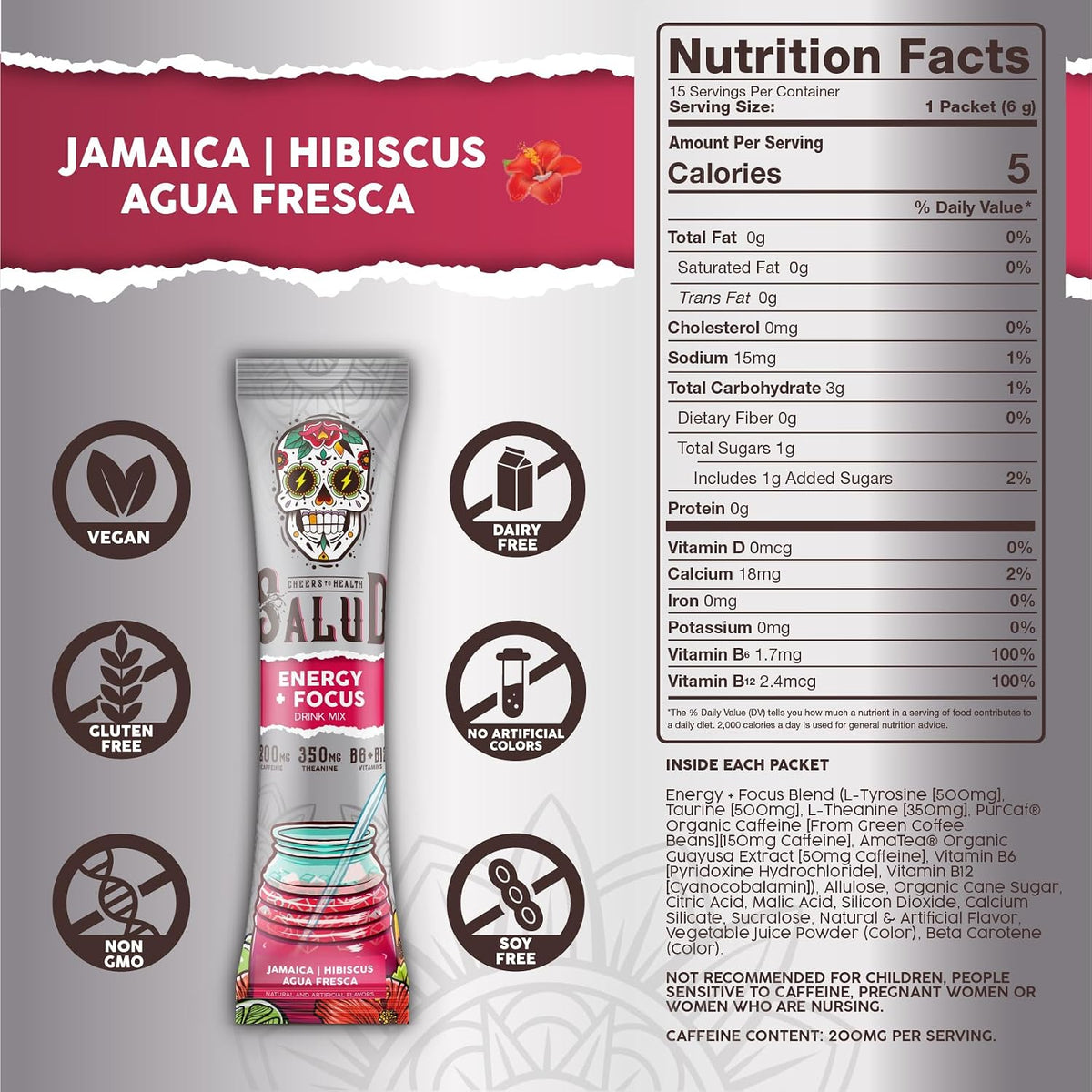 Salud 2-Pack |2-in-1 Energy + Focus (Pineapple Mango) & Energy + Focus (Hibiscus) – 15 Servings Each, Agua Fresca Drink Mix, Non-GMO, Gluten Free, Vegan, Low Calorie, 1g of Sugar
