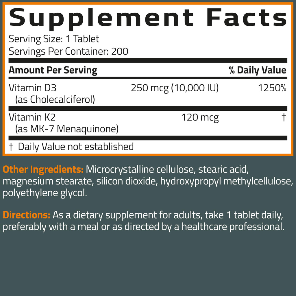Bronson Vitamin K2 (MK7) with D3 Supplement Extra Strength 2 in 1 Support, 10,000 IU Vitamin D3 & 120 mcg K2 MK-7, 120 Tablets