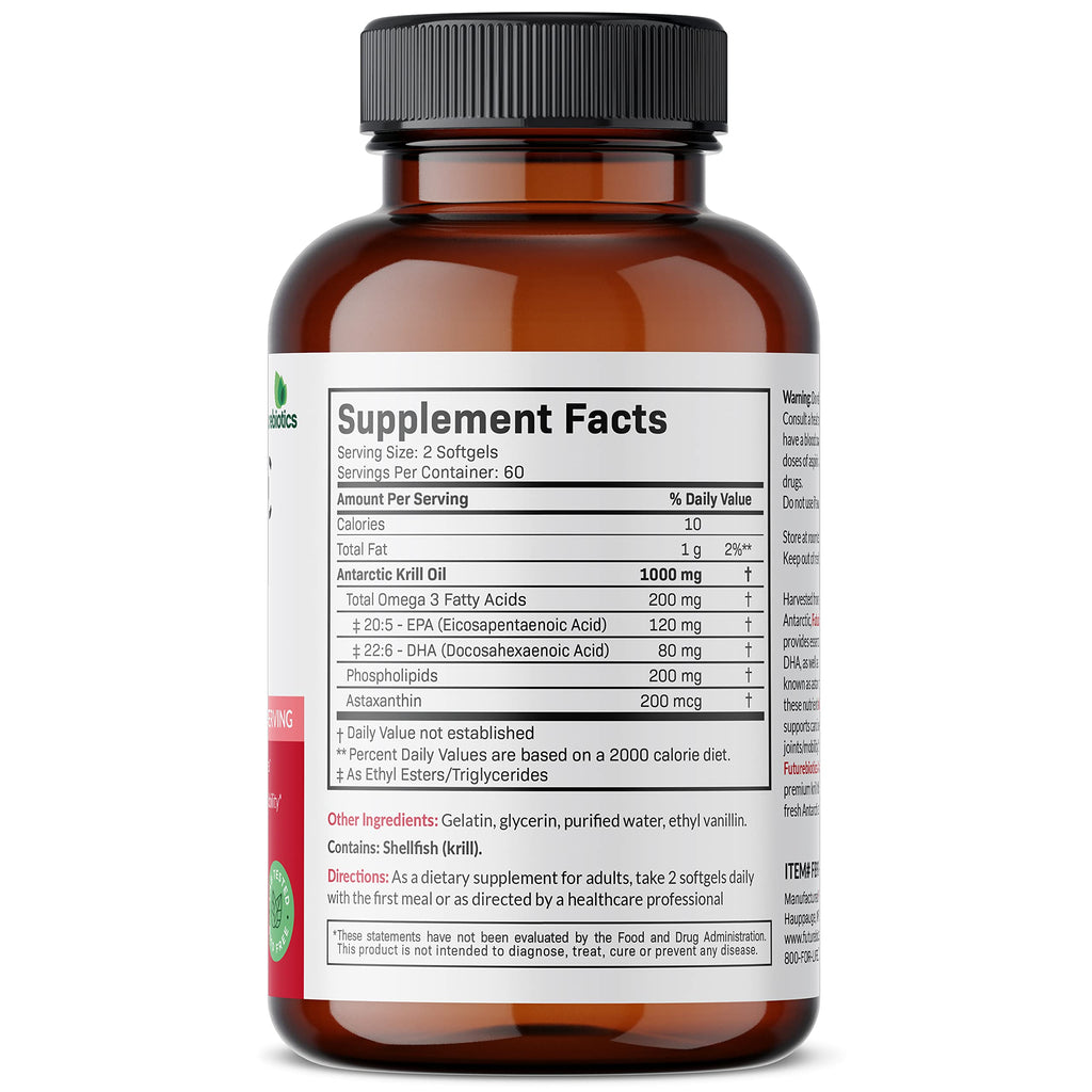 Futurebiotics Antarctic Krill Oil 1000mg with Omega-3s EPA, DHA, Astaxanthin and Phospholipids - Premium Krill Oil Heavy Metal Tested, Non GMO – 90 Softgels (45 Servings)