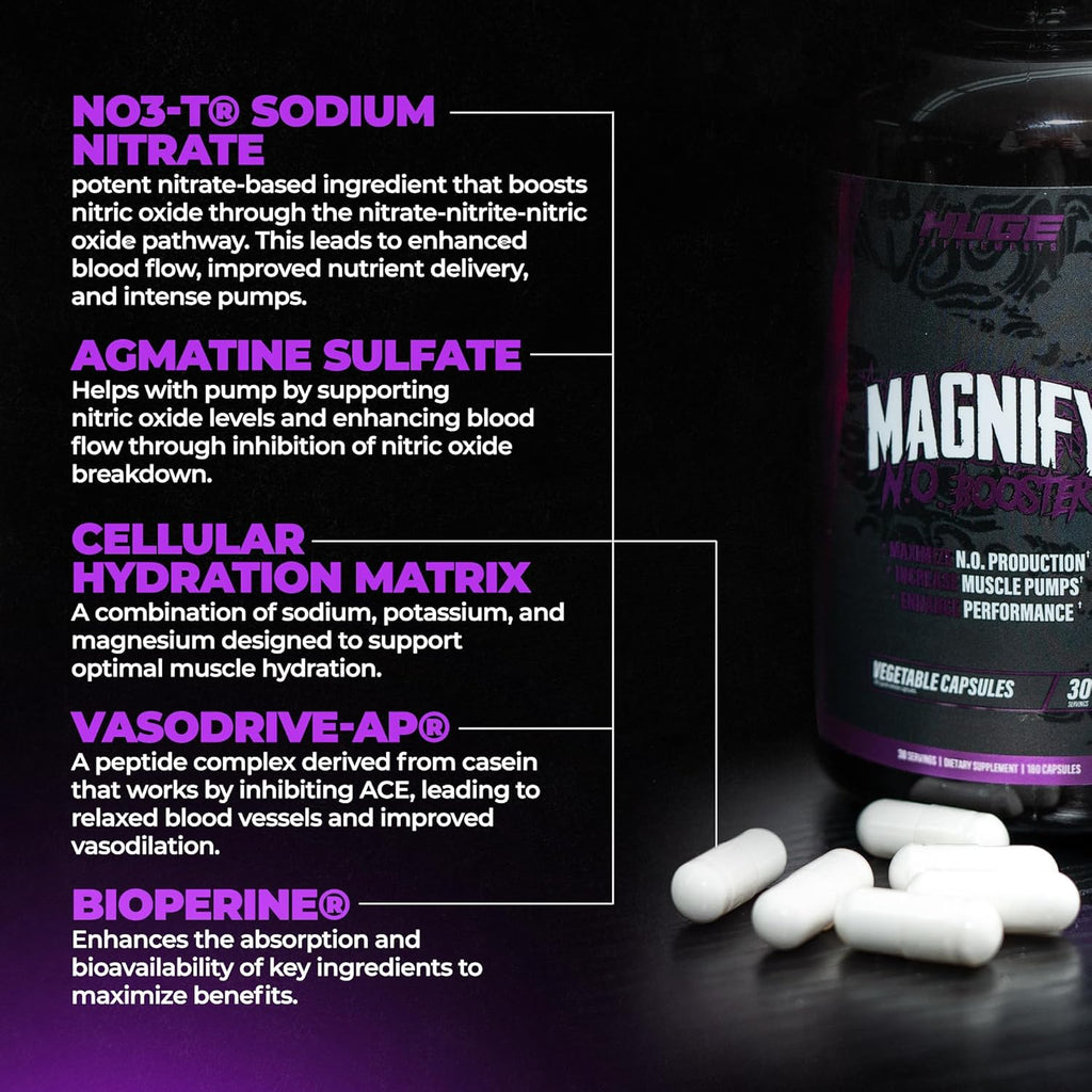 Huge Supplements Magnify Pump Pills & Nitric Oxide Booster, Enhance Muscle Pumps, Fullness & Vascularity, Science-Backed Ingredients - NO3-T Nitrates, Agmatine Sulfate, VasoDrive-AP (180 Capsules)