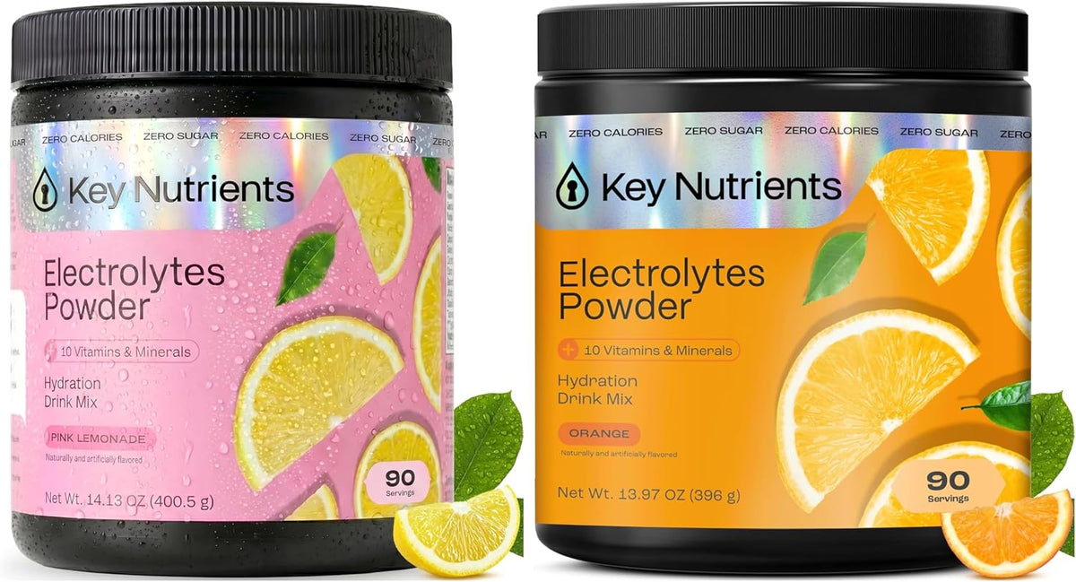 KEY NUTRIENTS Electrolytes Powder Bundle, Fresh Pink Lemonade 90 Servings Jar + Tangy Orange 90 Servings Jar, Sugar Free Hydration Drink Mix with Vitamins & Minerals, No Calories