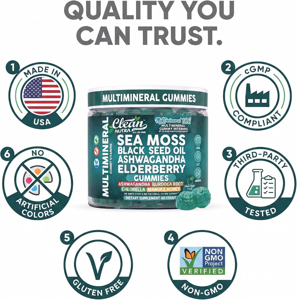 Sea Moss Gummies | Clinically Tested - Black Seed Oil Ashwagandha Elderberry Burdock Root Chlorella Manuka Honey - Vegan Irish Sea Moss Gummy Vitamins for Adults Kids Men Women - Green Apple Flavor