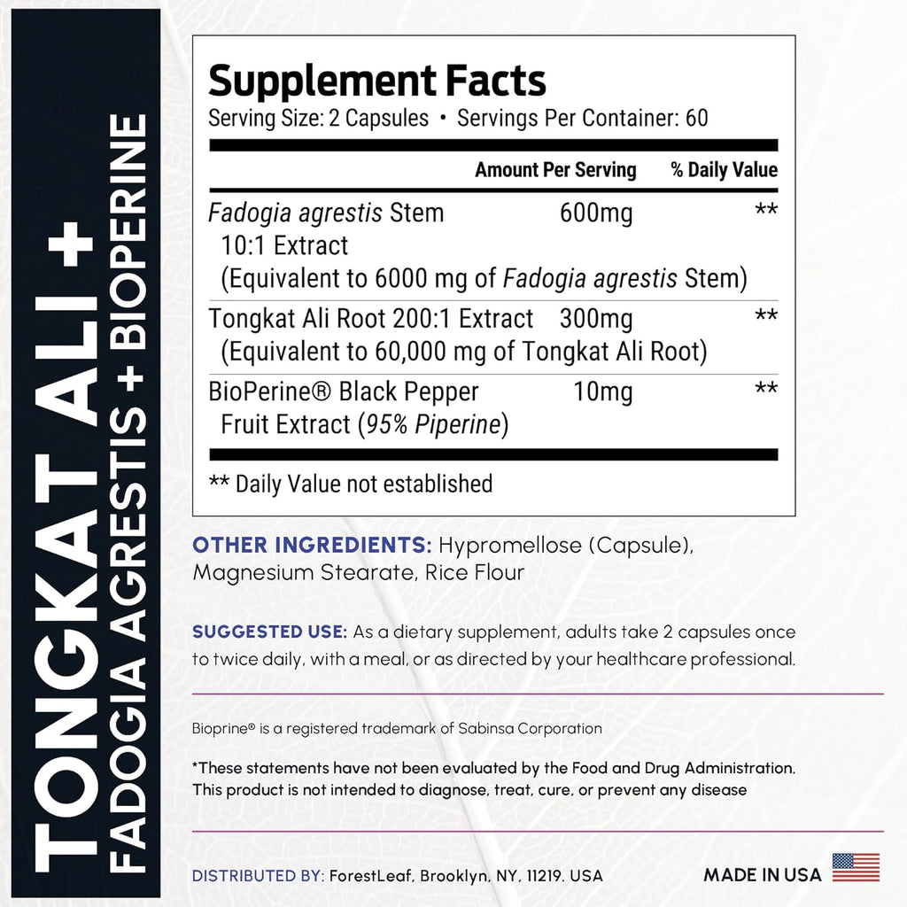 Tongkat Ali and Fadogia Agrestis for Men Supplement w/ BioPerine - Tonkat-Ali Max Strength 200:1 Extract - Long jack Tongkat-ali for Men - Muscle Growth, Performance & Energy - 120 Powder Capsules