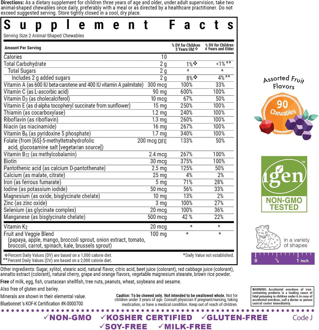 Bluebonnet Nutrition Rainforest Animalz Whole Food Based Multiple Chewable Tablets, Kids Multivitamin & Mineral, Vitamin C, D3, Iron, Gluten Free, Milk Free, Kosher, 90 Chewable Tablets, Mixed Flavors