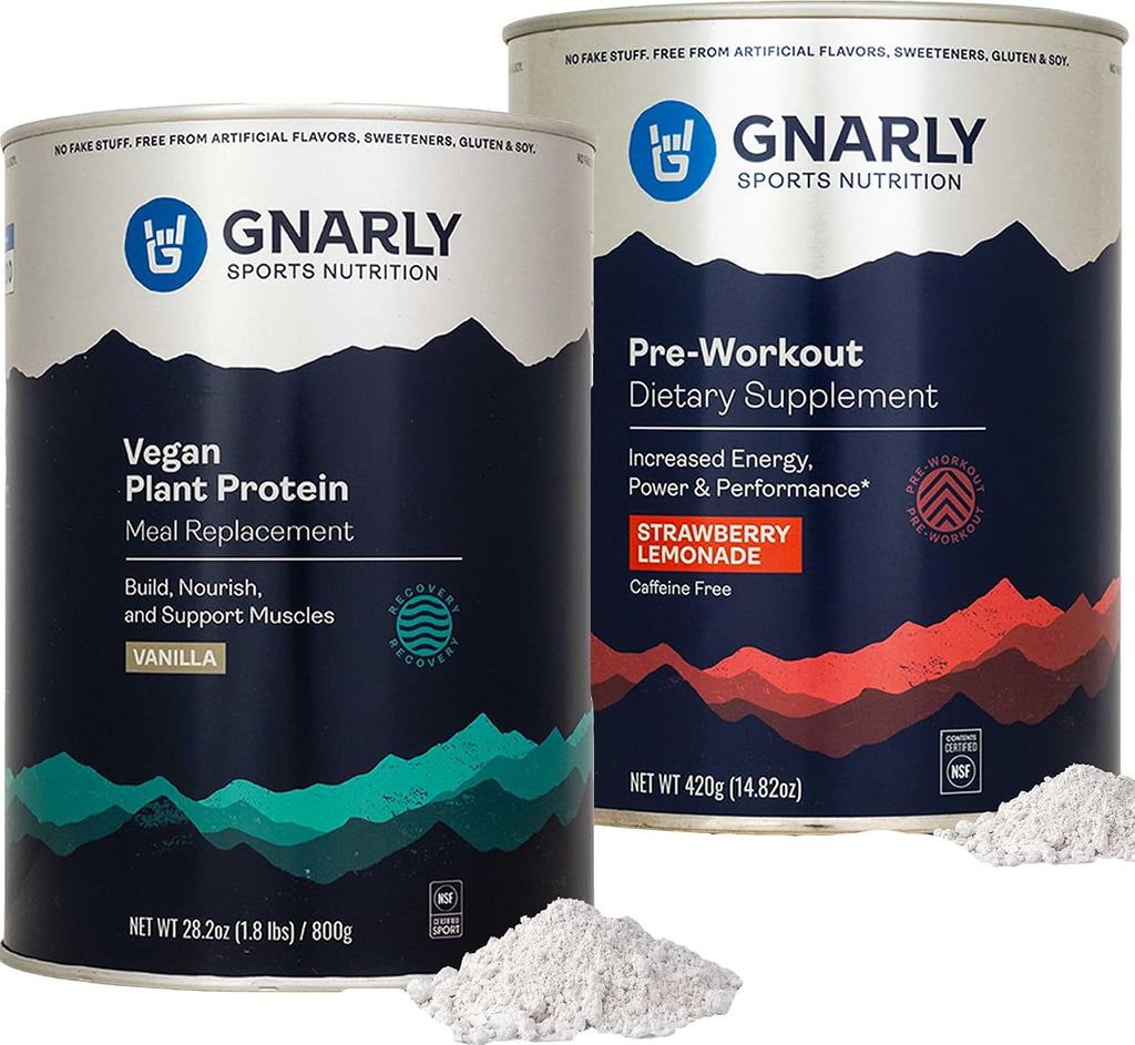 Gnarly Vegan Plant Protein, Meal Replacement - Vanilla (28.2oz) and Gnarly Preworkout Strawberry Lemonade Caffeine Free (14.82oz)