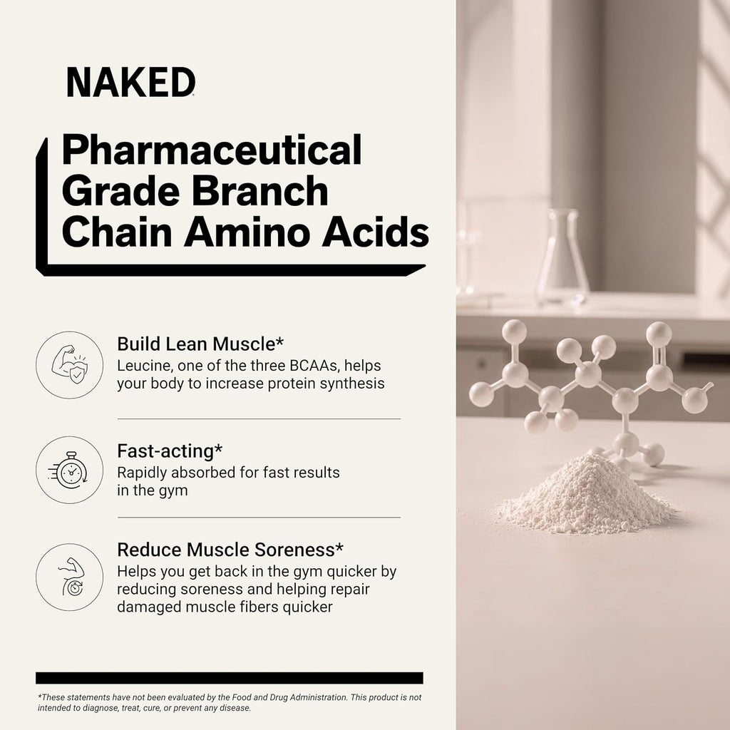 NAKED BCAAs Amino Acids Powder, Only 1 Ingredient, Pure 2:1:1 Formula, Vegan Unflavored Branched Chain Amino Acids, Instantized All Natural BCAA Supplement - 500 Grams, 100 Servings