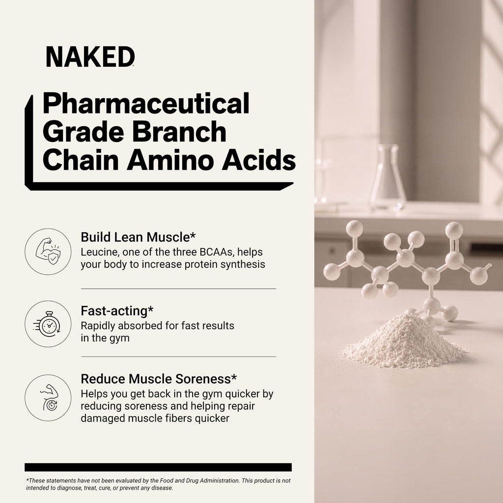 NAKED BCAAs Amino Acids Powder, Only 1 Ingredient, Pure 2:1:1 Formula, Vegan Unflavored Branched Chain Amino Acids, Instantized All Natural BCAA Supplement - 500 Grams, 100 Servings