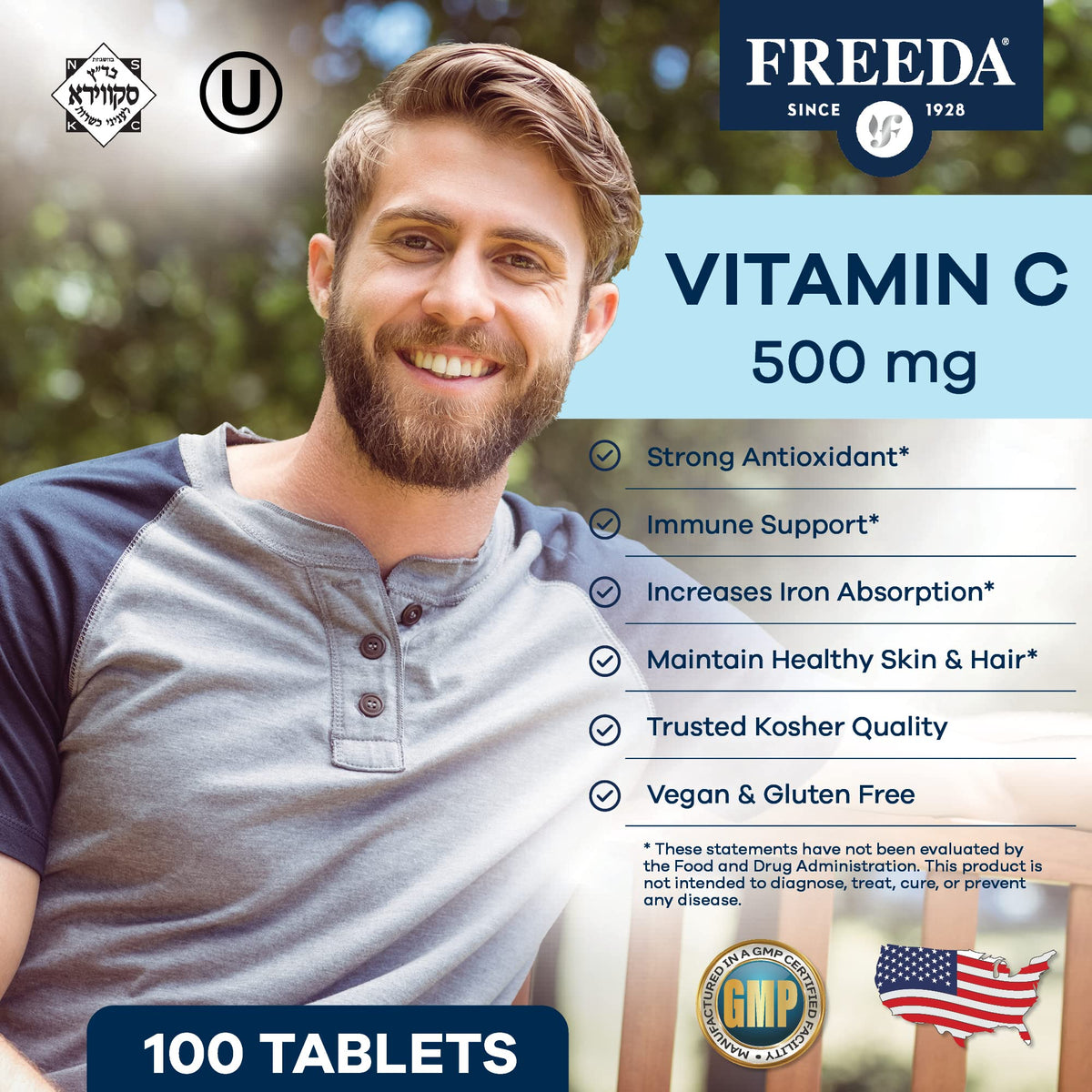 FREEDA Vegan Vitamin C 500mg – Kosher Immune Support & Antioxidant – Helps Maintain Healthy Skin & Hair, Supports Iron Absorption – No Gluten, No Lactose, No Artificial Flavor or Color – 250 Tablets | Kosher Supplement to Support Antioxidant Protection, H