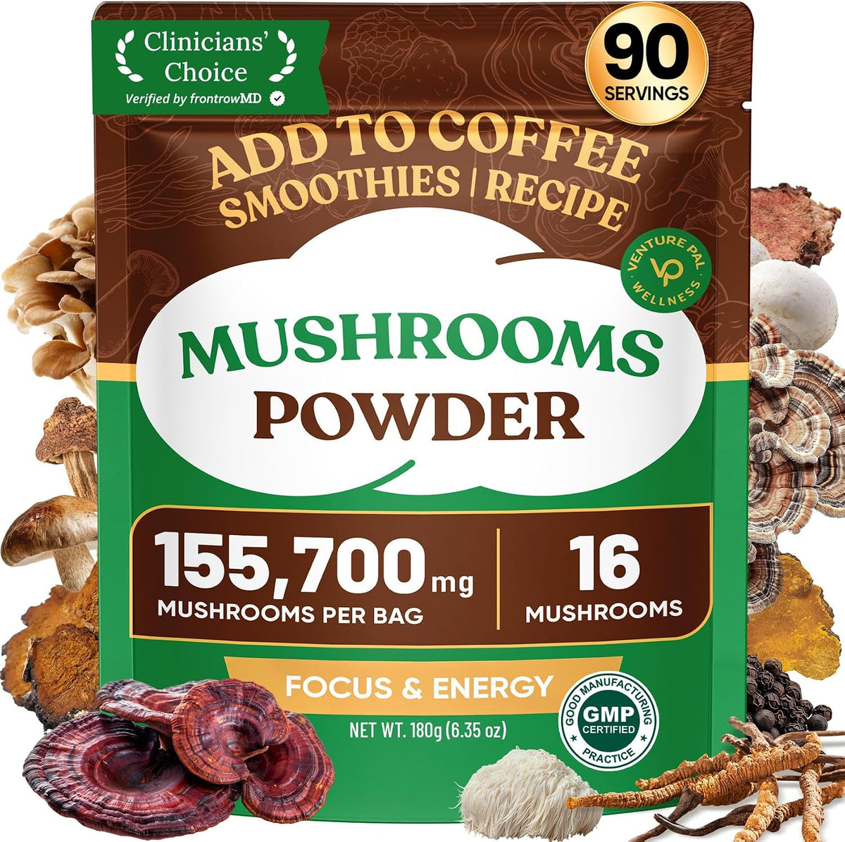 Venture Pal 16 in 1 Mushroom Powder 1730mg Adaptogenic Mushrooms Supplement | 100% Fruiting Body Coffee Alternative with Lion's Mane, Chaga, Reishi, Support Immune, Focus & Energy, 90 Servings