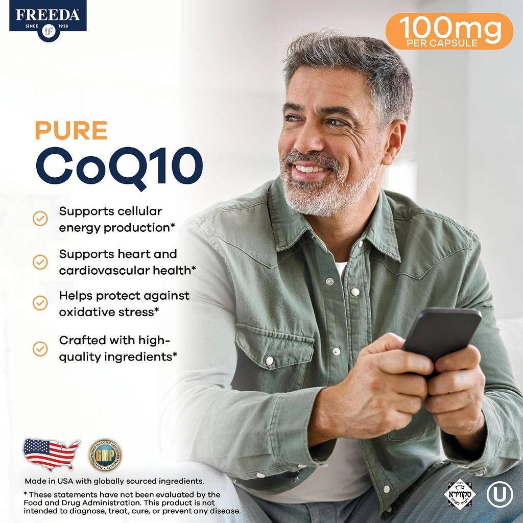 FREEDA CoQ10 100mg - Kosher Coenzyme Q10 Dietary Supplement for Cardiovascular Heart Health, Blood Pressure Support, Oral Gum Health, and Healthy Aging - Pure CoQ10 Capsules, 100 Count | Supports Oral Gum Health, Immune Support, & Healthy Aging – Pure Ant