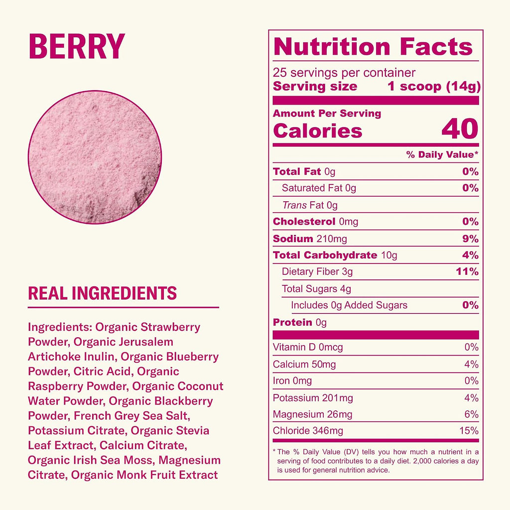 Ballerina Farm Farmer Hydrate Berry Electrolyte Powder | Organic Coconut Water, Irish Sea Moss, French Sea Salt, No Added Sugar, Prebiotic Fiber, 25 Servings