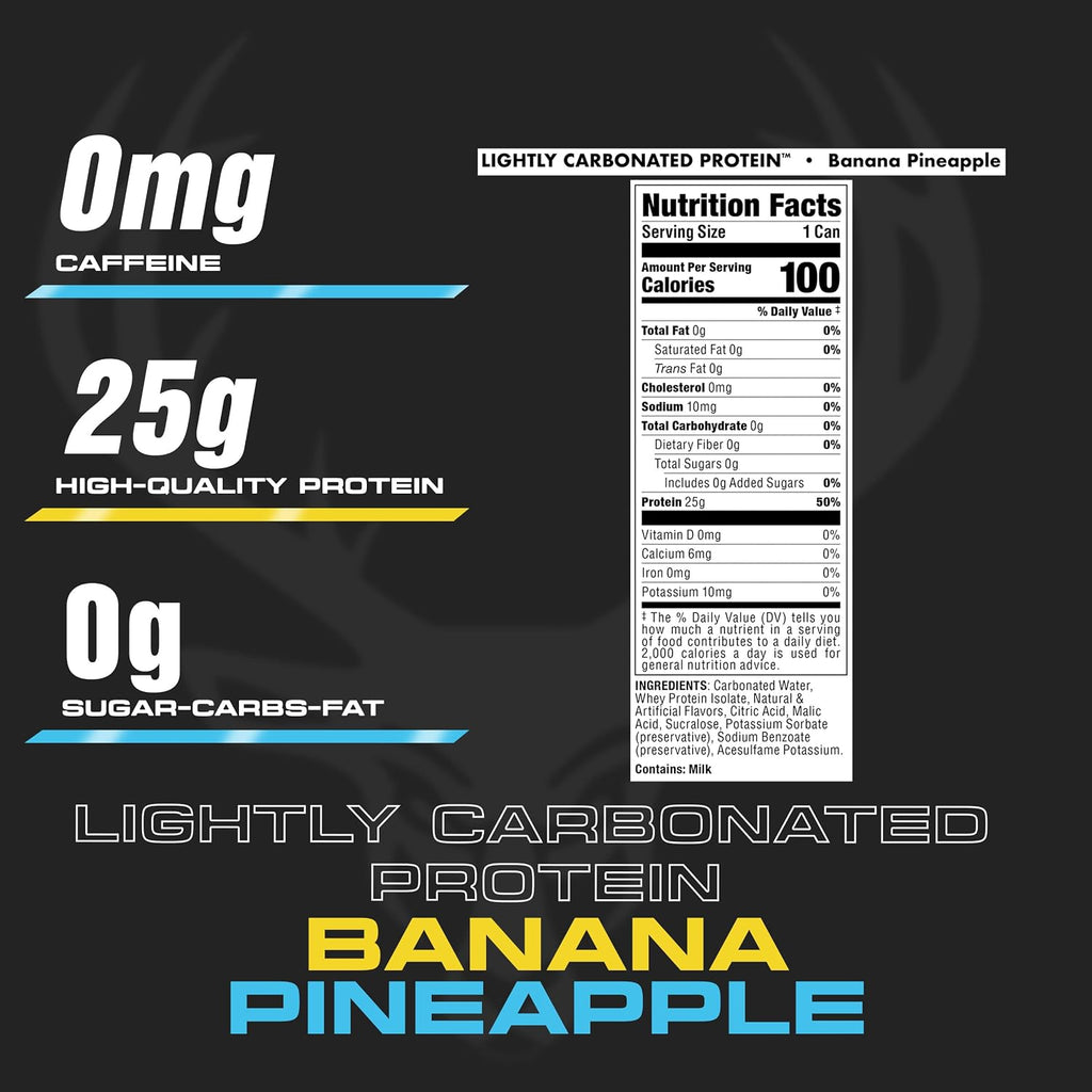Bucked Up Lightly Carbonated Protein Soda | 25g Whey Isolate - Zero Sugar, Low Calorie, Caffeine Free, Clean Drink | Sparkling Protein Soda - 12 Pack, 16 oz Cans (Banana Pineapple)
