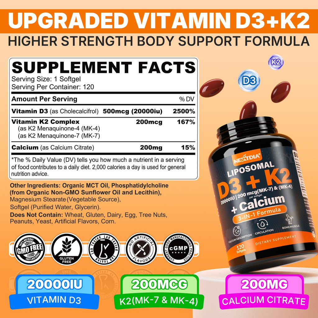 Vitamin D3 20,000 IU + K2 Vitamin (MK4 & MK7) 200mcg + Calcium Citrate, Optimal Vitamin D3 K2 Softgel - Strong Bone & Muscle, Calcium Absorption, Helping Vitamin D Deficiencies, Easy to Swallow, 2Pack