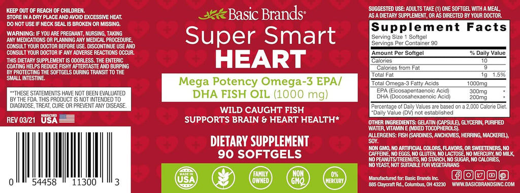 Basic Brands Super Smart Heart Omega Triple Strength, 1,000 mg 90 Count | EPA & DHA for Heart, Brain & Joint Support, Purified, Wild-Caught, Non-GM