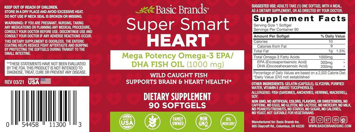 Basic Brands Super Smart Heart Omega Triple Strength, 1,000 mg 90 Count | EPA & DHA for Heart, Brain & Joint Support, Purified, Wild-Caught, Non-GM
