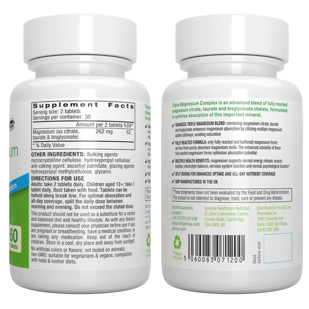 Igennus Superior Triple Magnesium Complex, Fully Reacted & Chelated Glycinate, Taurate & Citrate, Clean Label, High Bioavailability & Absorption, 60 Tablets, Vegan, Non-Buffered