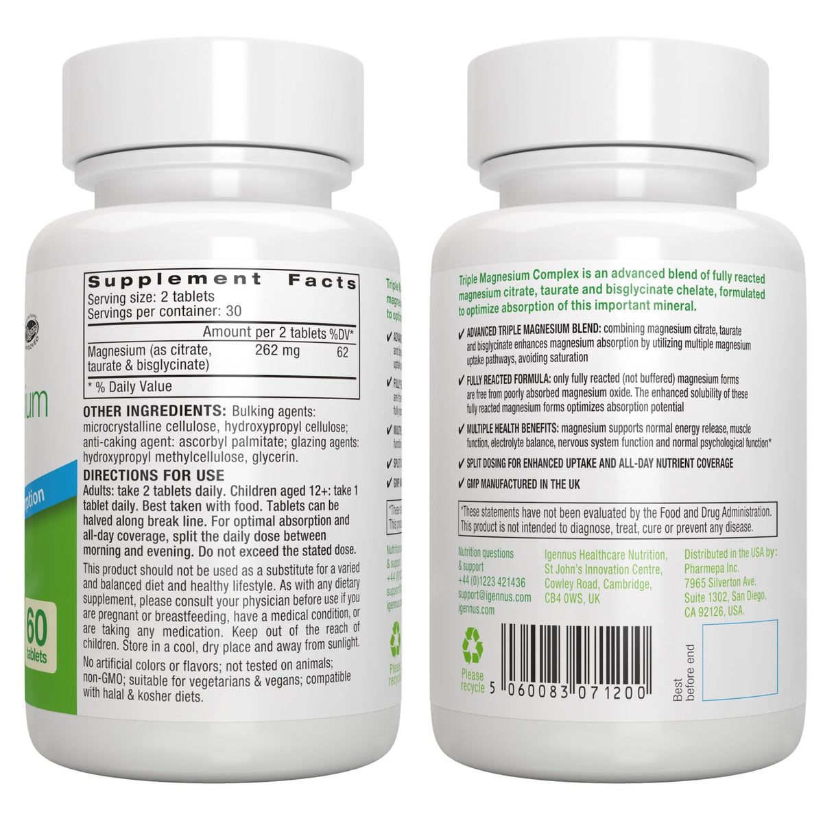 Igennus Superior Triple Magnesium Complex, Fully Reacted & Chelated Glycinate, Taurate & Citrate, Clean Label, High Bioavailability & Absorption, 60 Tablets, Vegan, Non-Buffered