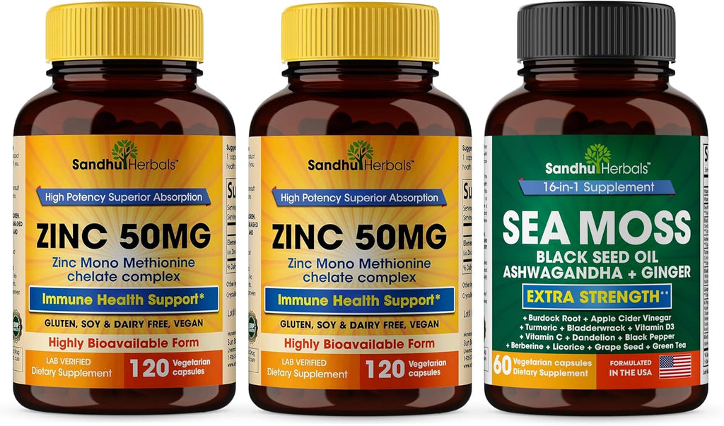 Sandhu Herbals Zinc 50mg & Sea Moss Black Seed Oil Ashwagandha Ginger Burdock Root Supplement for Men & Women| Made in USA