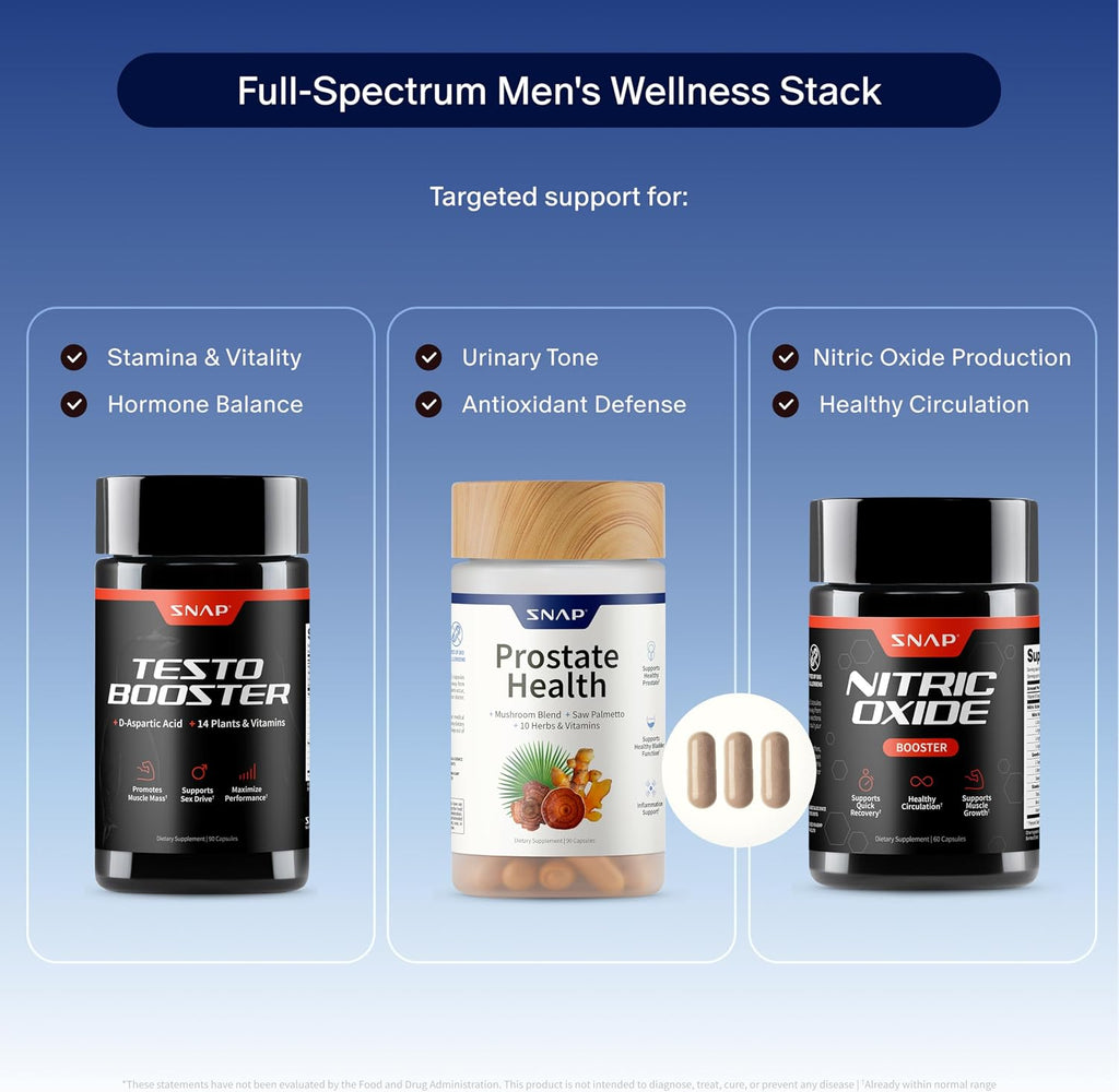 Snap Supplements Big Boy Bundle, Daily Men's Health Support, 90 Caps. Each | Includes Prostate Health with Saw Palmetto for Men, Testo Booster for Men & Nitric Oxide Booster, Vegan, Non-GMO, Gluten-Free