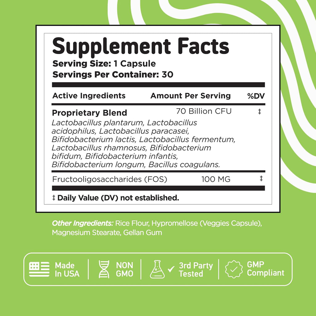 Vital Vitamins Probiotic Complex, 70 Billion CFU for Men & Women | 10-Probiotic Strain Blend with Prebiotic FOS, Supports Digestion & Immunity, Shelf-Stable, 30 Capsules