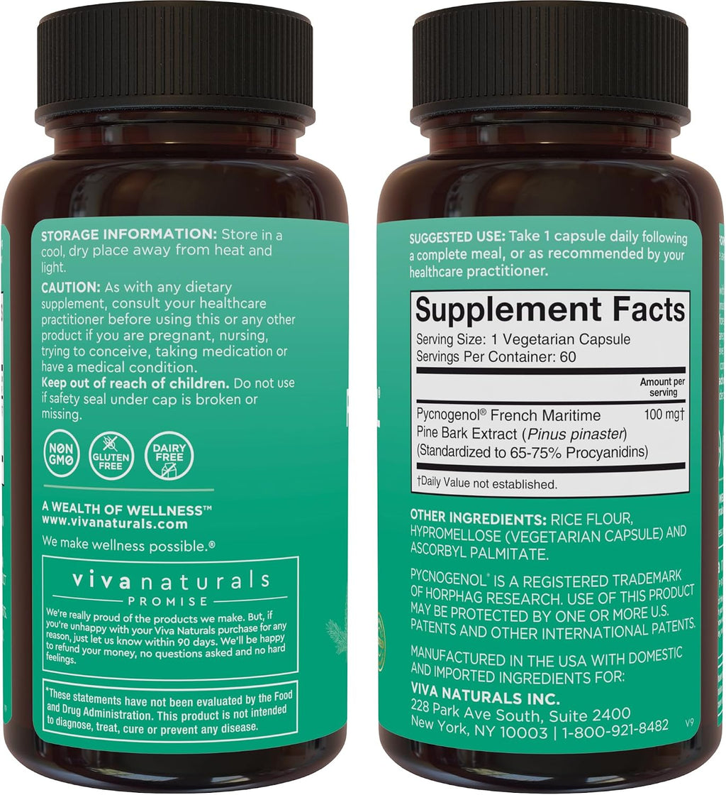 Viva Naturals Pycnogenol - 100mg French Maritime Pine Bark Extract – Supports Circulation, Antioxidant-Like Activity, Joints & Immune Health and Function – 60 Veggie Capsules