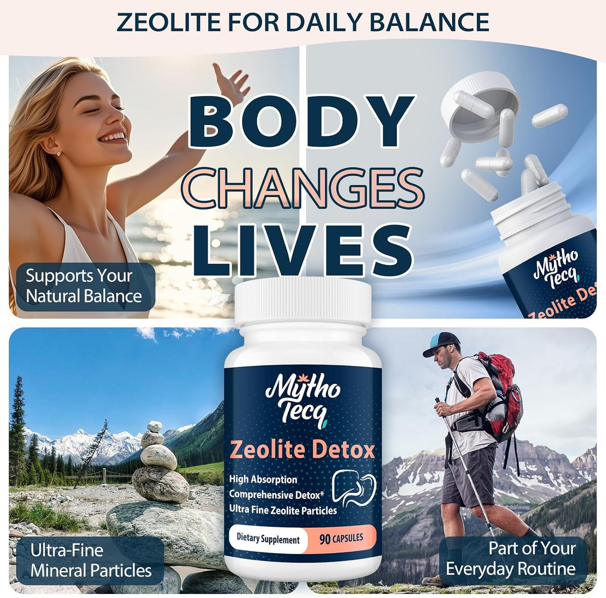 MythoTecq Zeolite Capsules with Activated Charcoal & Bentonite, 90 Count | 2300mg formula featuring zeolite clinoptilolite, activated charcoal and bentonite clay
