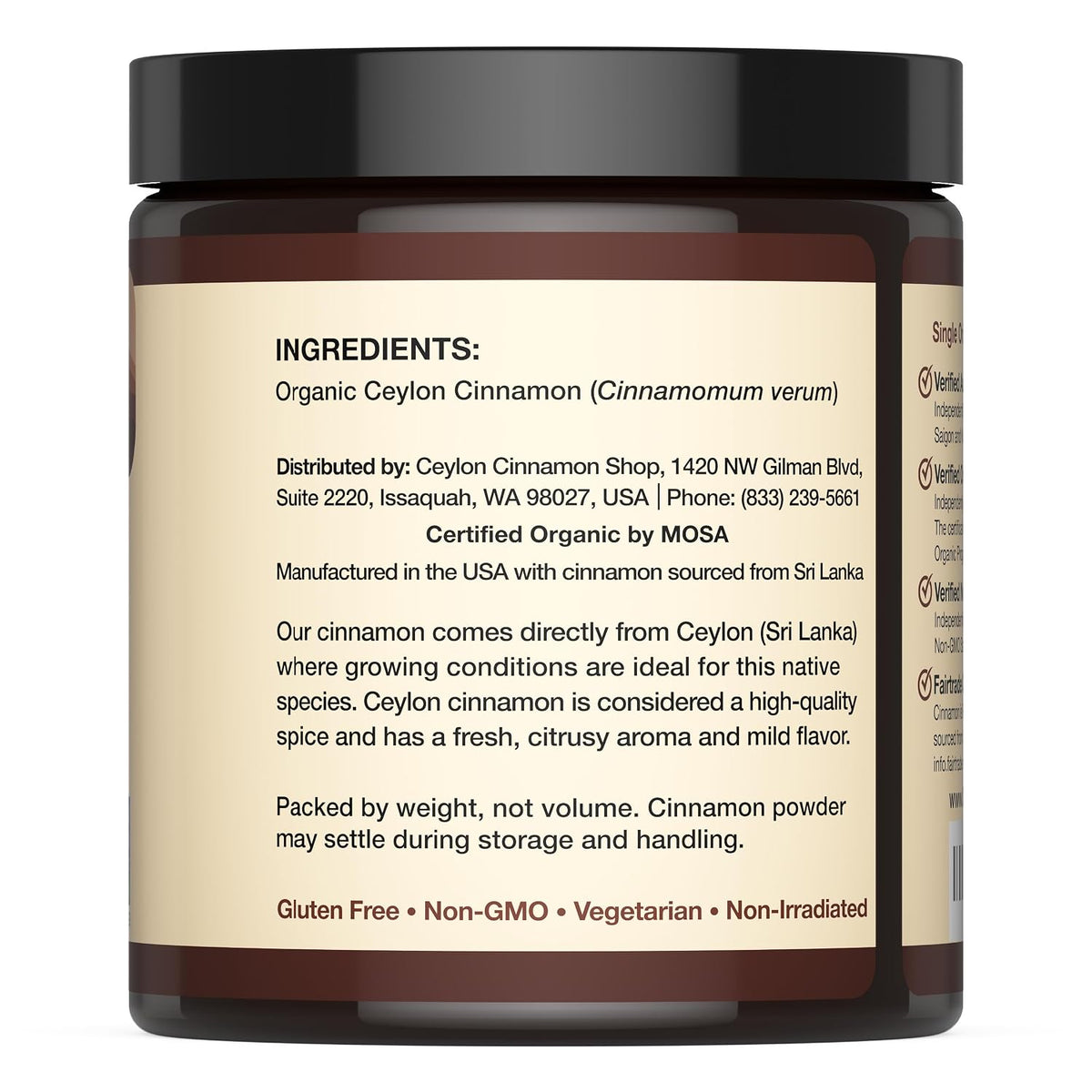 Organic Ceylon Cinnamon Powder, USDA Certified Spice - 8 ounces | Premium Grade True Cinnamon, Sri Lankan Variety, Cinnamomum Verum, All-Natural, Non-GMO, Gluten Free, Made in the USA (GMP)