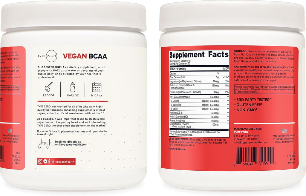 Type Zero Ultra Clean Vegan BCAA Powder + Electrolytes Tropical Fruit Punch | 6g Per Serving, 2:1:1 Sugar-Free, No Sucralose, BCAAs Amino Acids Supplement, After Workout Drink, 30 Servings
