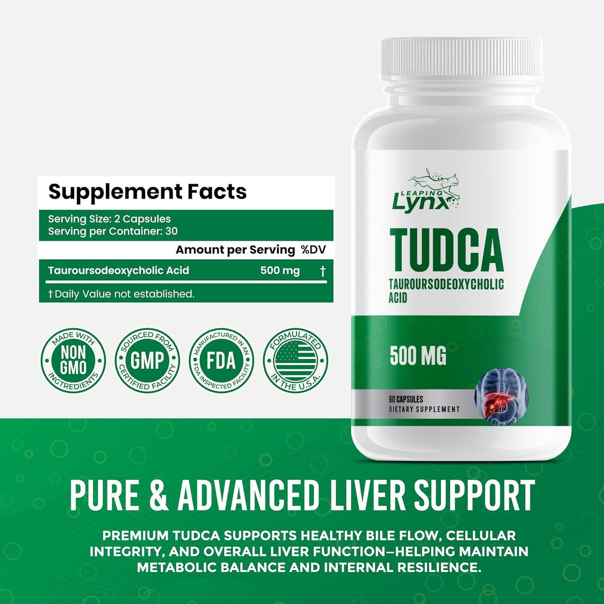 Leaping Lynx TUDCA 500mg – Tauroursodeoxycholic Acid Supplement – 60 Capsules – TUDCA Liver Support Supplement – Bile Acid Digestive Support – Non-GMO, ISO-Certified