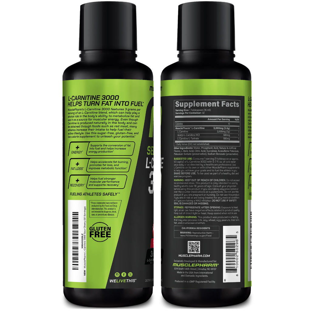 Muscle Pharm L-Carnitine 3000, The Ultimate Liquid L Carnitine Supplement for High-Performance, Supports Metabolism, Hydration & Energy, Zero Sugar, Low Calories, Sour Cherry Flavor, 32 Servings