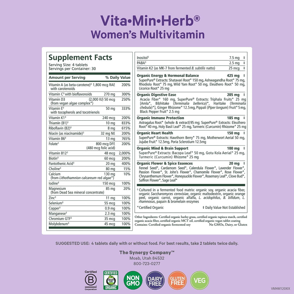 PURE SYNERGY Vita·Min·Herb for Women | Women’s Comprehensive Multivitamin Supplement | Made with Organic Whole Food Non-GMO & Vegan Ingredients | Supports Energy & Immune Health (120 Tablets)