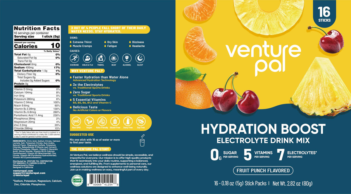 Venture Pal Sugar Free Electrolyte Powder Packets, Keto Friendly, 16 Sticks | Liquid Daily IV Hydration Packets for Rapid Rehydration. 7 Electrolytes & 5 Vitamins | Non-GMO | Vegan | Fast Dissolve