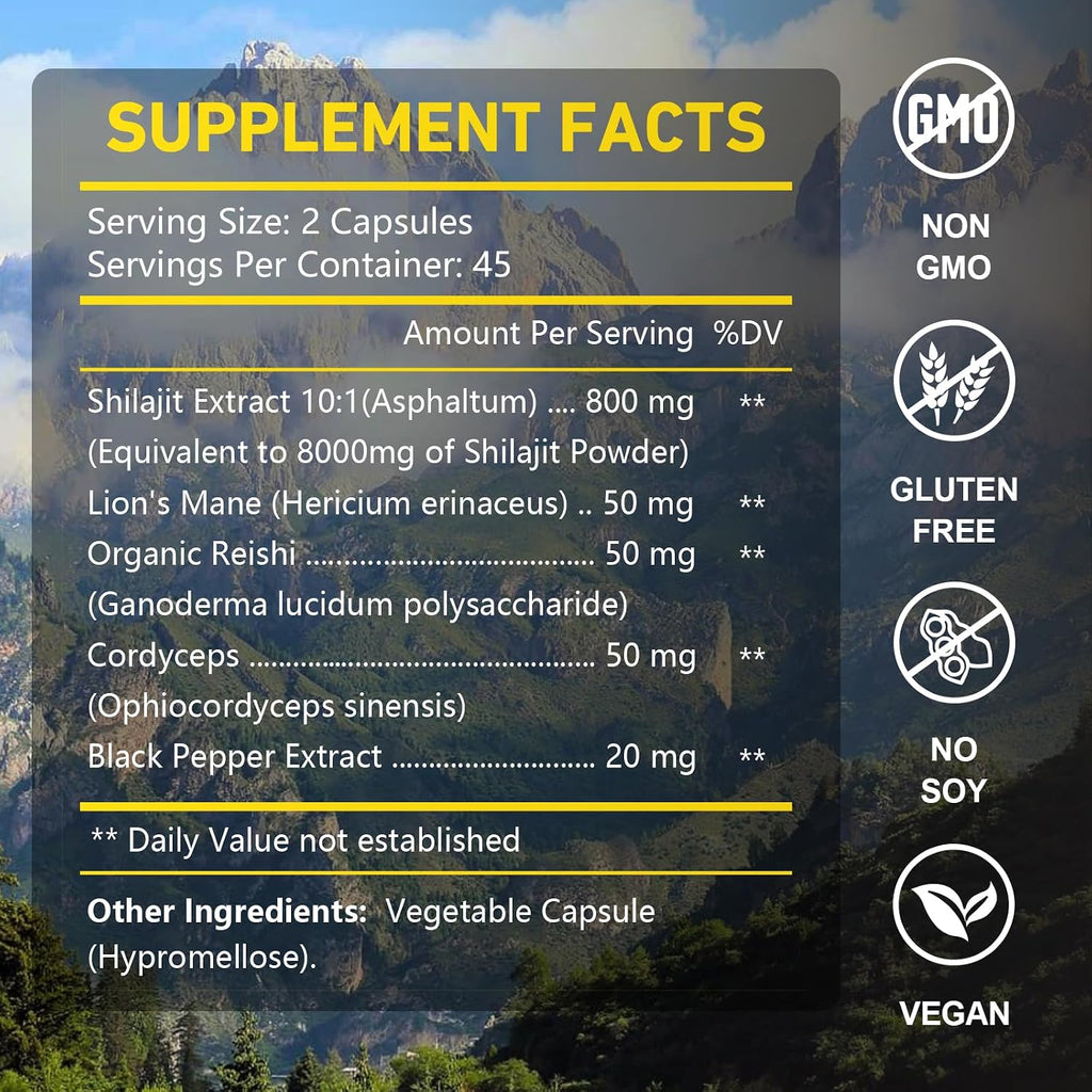 OMOGS Shilajit Pure Himalayan Organic Shilajit Capsules, with Fulvic Acid & 85+ Trace Minerals Complex for Energy, Strength, Stamin & Immunity, for Men/Women - 90 Veg Capsules