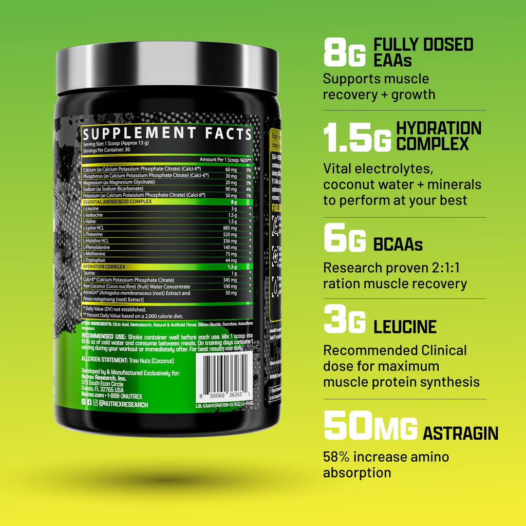 Nutrex Research EAA Hydration | EAAs + BCAA Powder | Muscle Recovery, Strength, Muscle Building, Endurance | 8G Essential Amino Acids + Electrolytes | Strawberry Watermelon 30 Serving