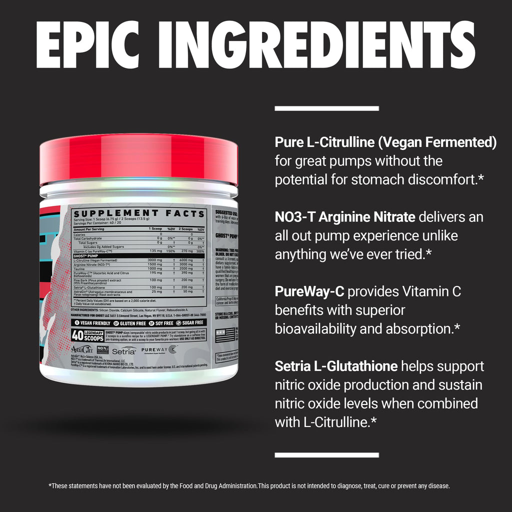 GHOST Pump Nitric Oxide Powder, Warheads Sour Watermelon - 40 Servings - Sugar & Stim-Free Pre-Workout Supplements- L-Citrulline, Arginine Nitrate & L-Glutathione - Soy & Gluten-Free, Vegan