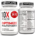 10X Health Methylated Multivitamin - 90 Capsules | Mthfr Supplement: 34-in-1 Formula, 800mcg B12, 5-MTHF & NAC, Methyl B Complex, Non-GMO