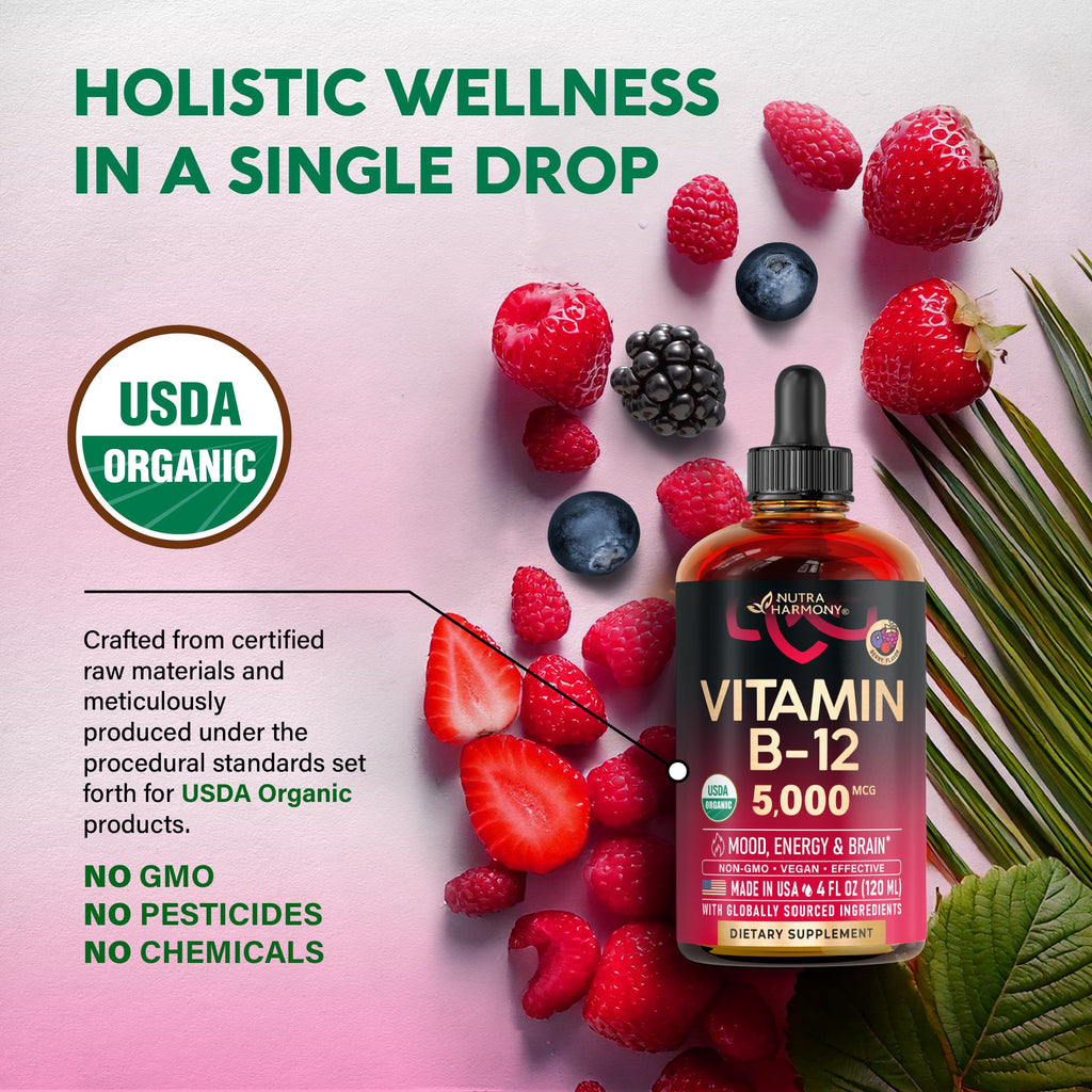 USDA Organic Vitamin B12 Sublingual Drops - 5000 mcg Liquid Vegan Methylcobalamin for Women & Men - Energy Boost, Focus & Mood, Brain Health Support - Maximize Absorption - 2 Month Supply, 2 fl oz