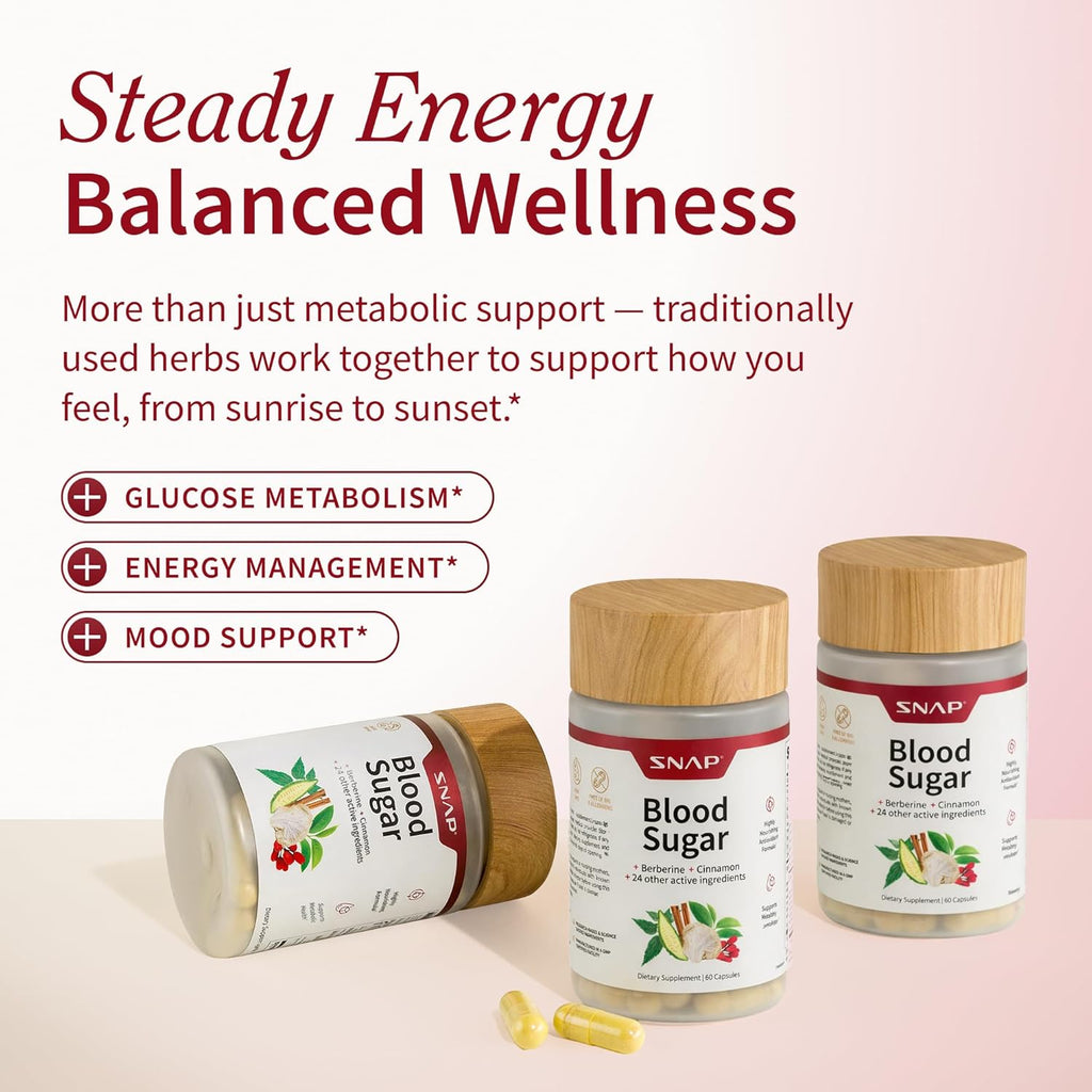 Snap Supplements Blood Sugar Blend with Berberine, CoQ10, 60 Vegan Capsules | Support Already Healthy Blood Sugar, Metabolic Health and Energy, Sugar Free, with CoQ10, Cinnamon (Packaging May Vary)
