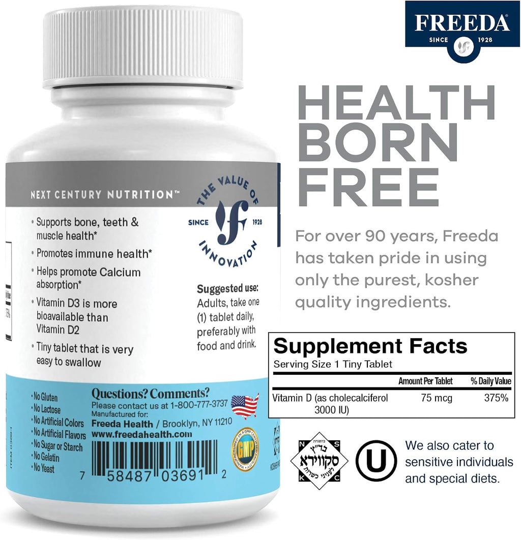 FREEDA Vitamin D3-3000 IU - Pure High Potency Kosher Supplement Tablets - Bone and Muscle Health, Calcium Absorption, Immune Support for Men and Women* - 100 Tiny Tablets | Supports Bone, Muscle & Immune Health – Helps Calcium Absorption – Easy-to-Swallow