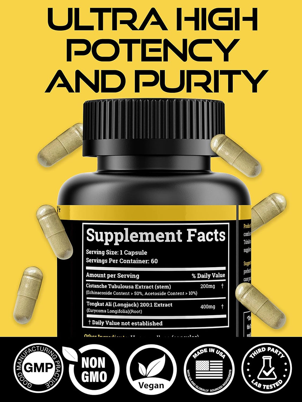 Cistanche Tubulosa 200mg & Tongkat Ali 400mg (Max Purity) 2 Month Supply (50% Echinacoside + 10% Acetoside with Tongkat Ali for Men 200:1 (Longjack) Eurycoma Longifolia) similar to Fadogia Agrestis