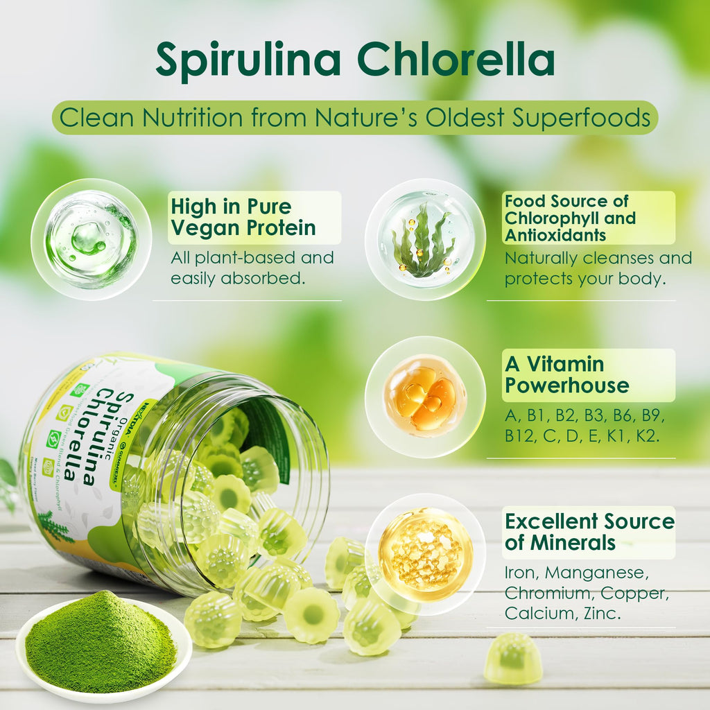 Organic Spirulina Chlorella Gummies + Super Greens, High in Vegan Protein & Chlorophyll, Green Algae + Broccoli，Moringa, Spinach, C, D3, Zinc, B12 for Energy, Gut, Immune, Antioxidant, No Sugar, 60Cts