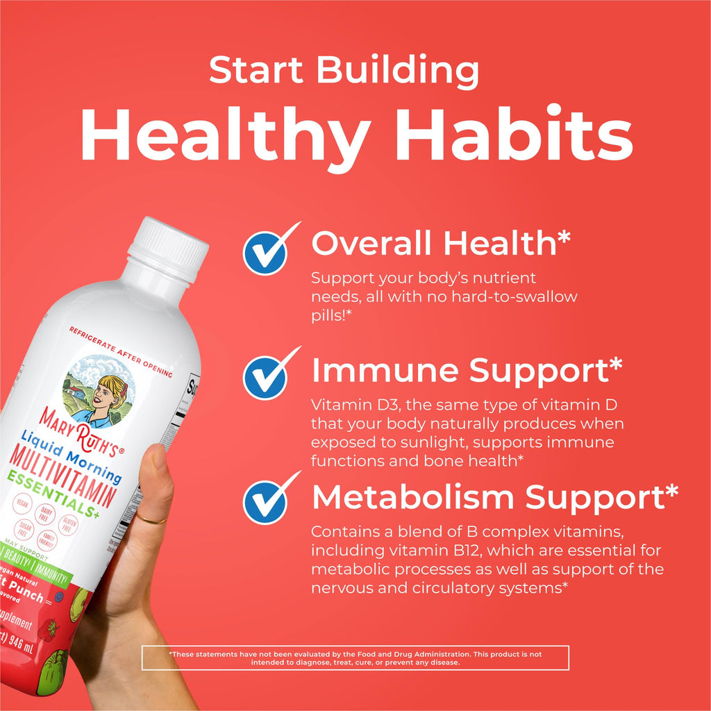 MaryRuth's Liquid Morning Multivitamin Essentials+ | Vitamin A C D E B6 B12 Biotin Zinc | Mens Womens Multivitamin | Immune Support | Beauty | Sugar Free | Vitamins for Ages 1+ | Vegan | 32 Fl Oz
